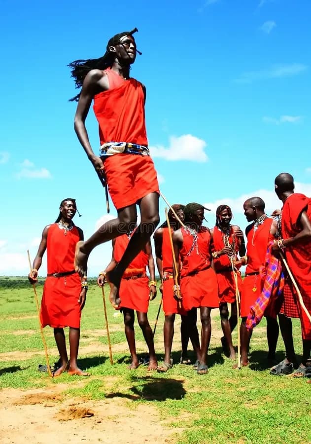 Maasai warriors performing the adumu jumping dance