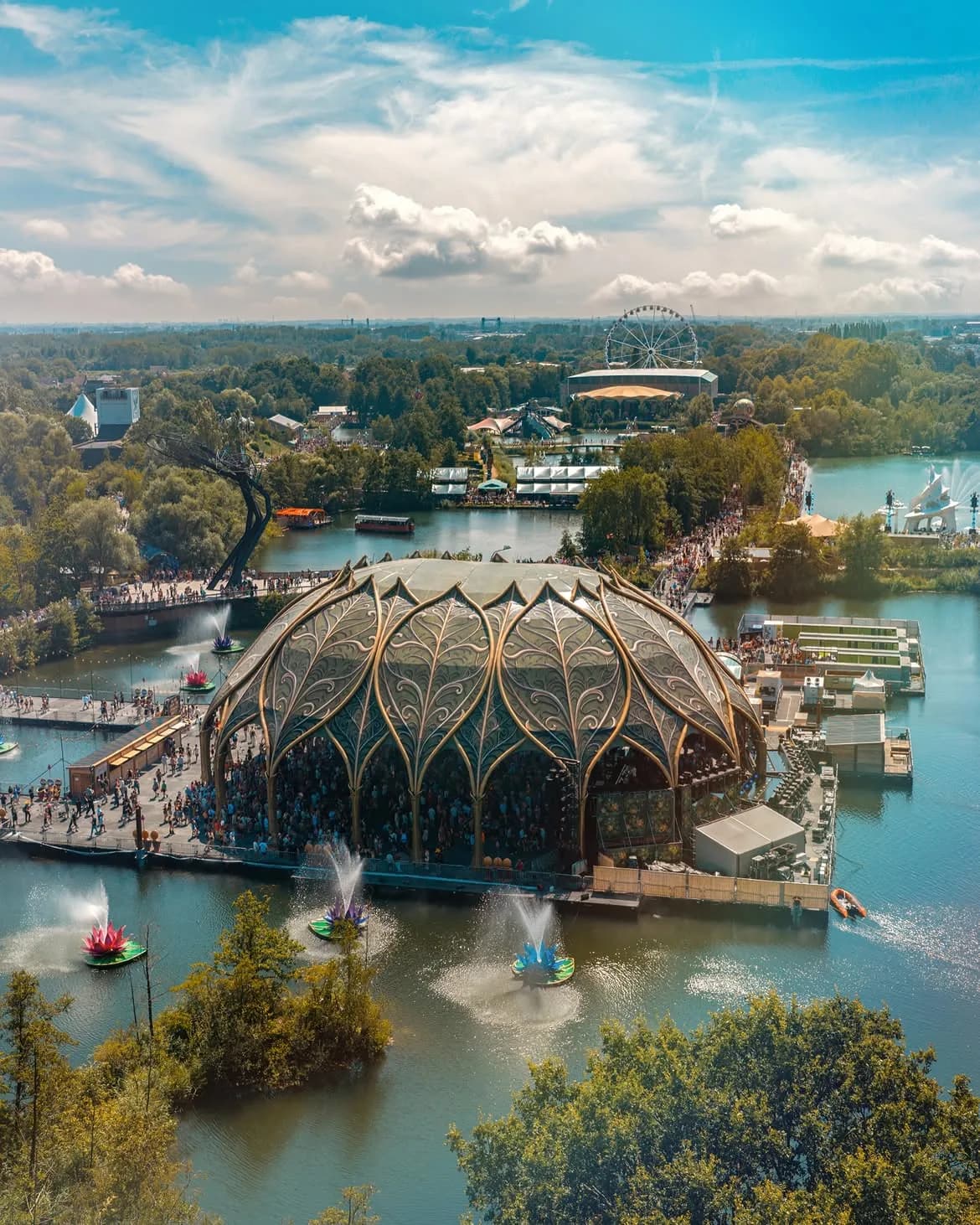 Aerial view of the Crystal Garden stage on the lake at Tomorrowland