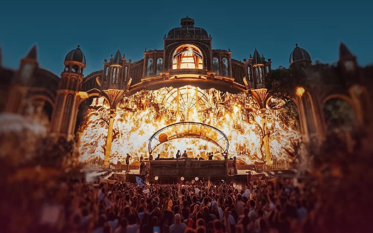 The Tomorrowland mainstage glowing gold above a full crowd at dusk